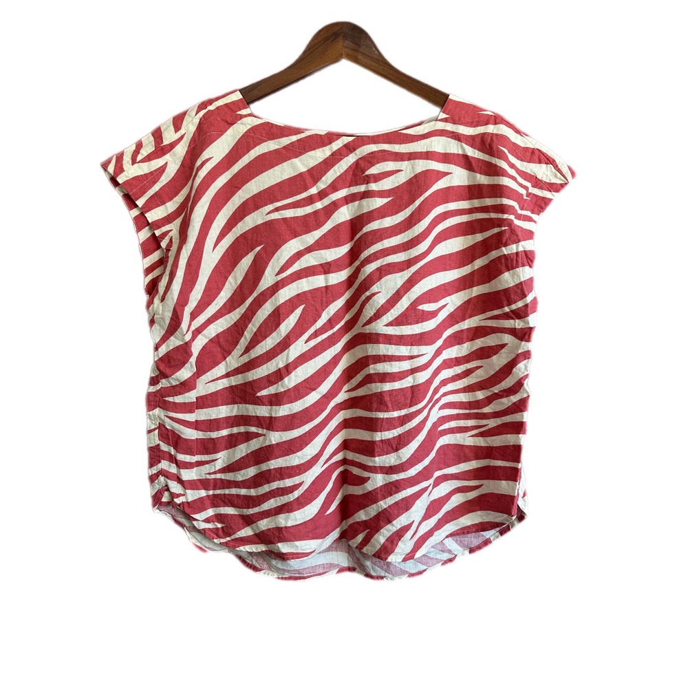Ann Taylor Womens Zebra Print Short Sleeve Top Linen Blend Red White Size L